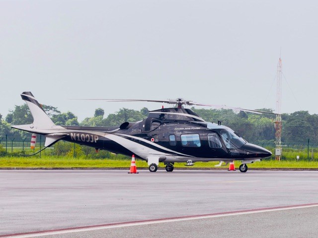 An executive helicopter at rest on the EAG apron